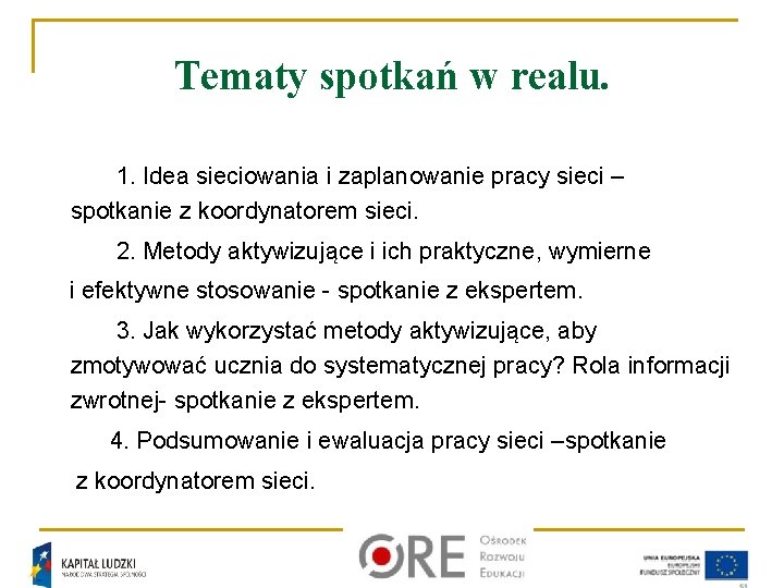 Tematy spotkań w realu. 1. Idea sieciowania i zaplanowanie pracy sieci – spotkanie z