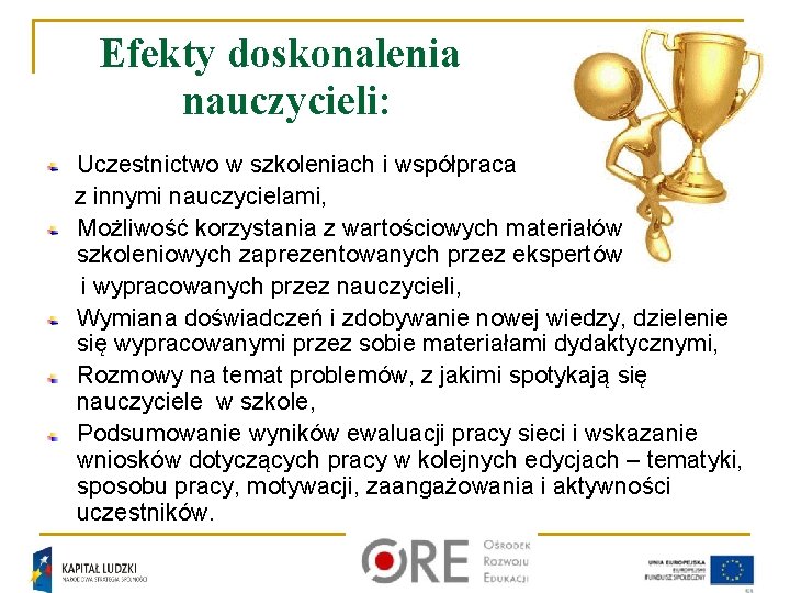 Efekty doskonalenia nauczycieli: Uczestnictwo w szkoleniach i współpraca z innymi nauczycielami, Możliwość korzystania z