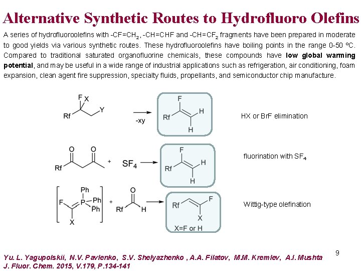 Alternative Synthetic Routes to Hydrofluoro Olefins A series of hydrofluoroolefins with -CF=CH 2, -CH=CHF