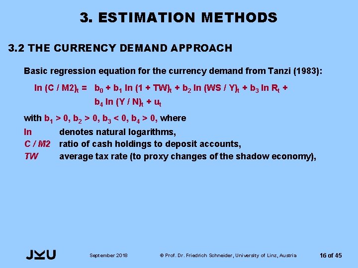 3. ESTIMATION METHODS 3. 2 THE CURRENCY DEMAND APPROACH Basic regression equation for the