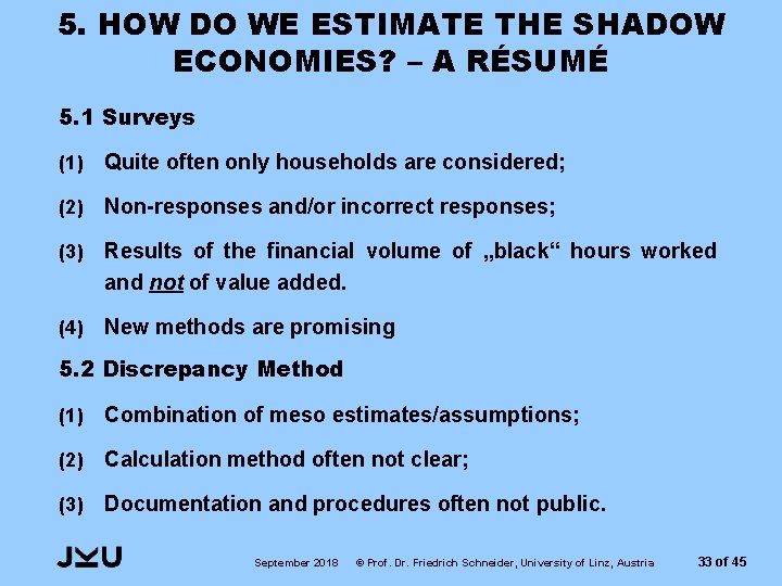 5. HOW DO WE ESTIMATE THE SHADOW ECONOMIES? – A RÉSUMÉ 5. 1 Surveys