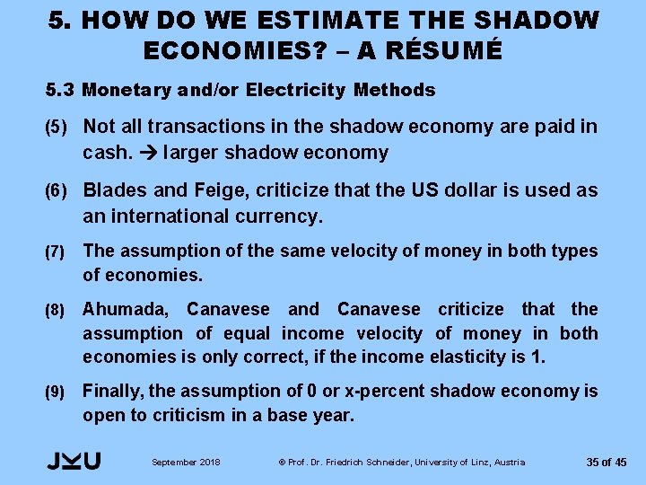 5. HOW DO WE ESTIMATE THE SHADOW ECONOMIES? – A RÉSUMÉ 5. 3 Monetary