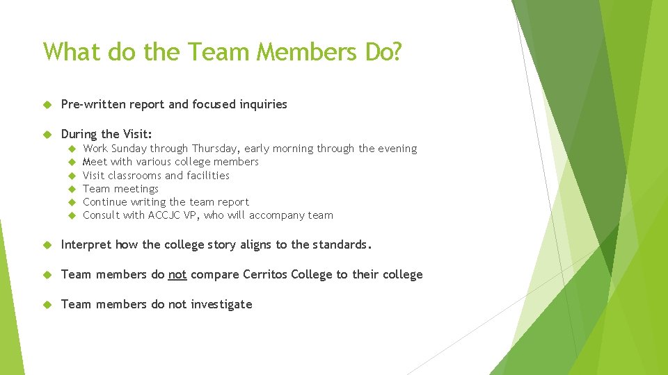 What do the Team Members Do? Pre-written report and focused inquiries During the Visit:
