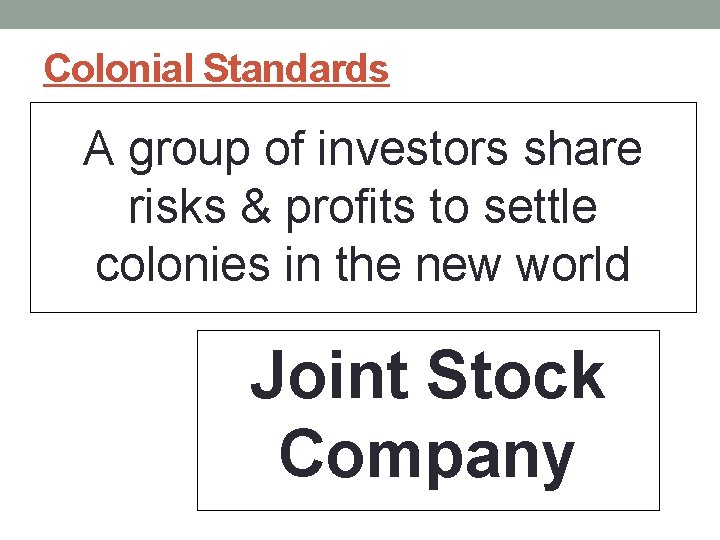 Colonial Standards A group of investors share risks & profits to settle colonies in
