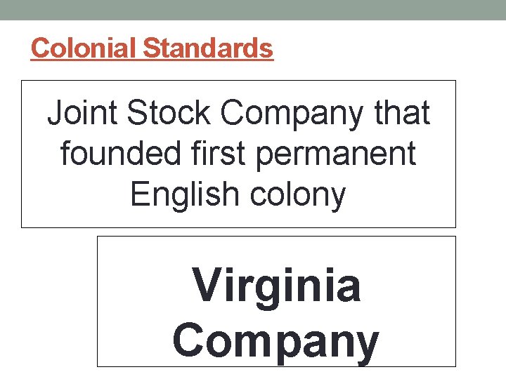 Colonial Standards Joint Stock Company that founded first permanent English colony Virginia Company 