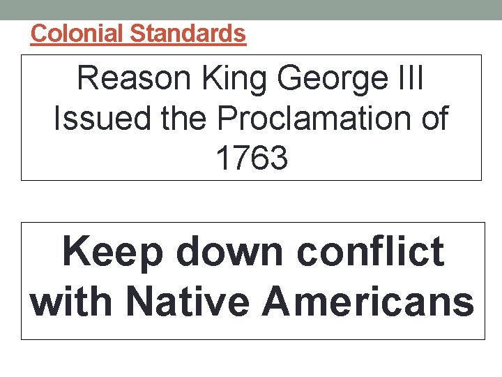 Colonial Standards Reason King George III Issued the Proclamation of 1763 Keep down conflict Colonial Standards Reason King George III Issued the Proclamation of 1763 Keep down conflict