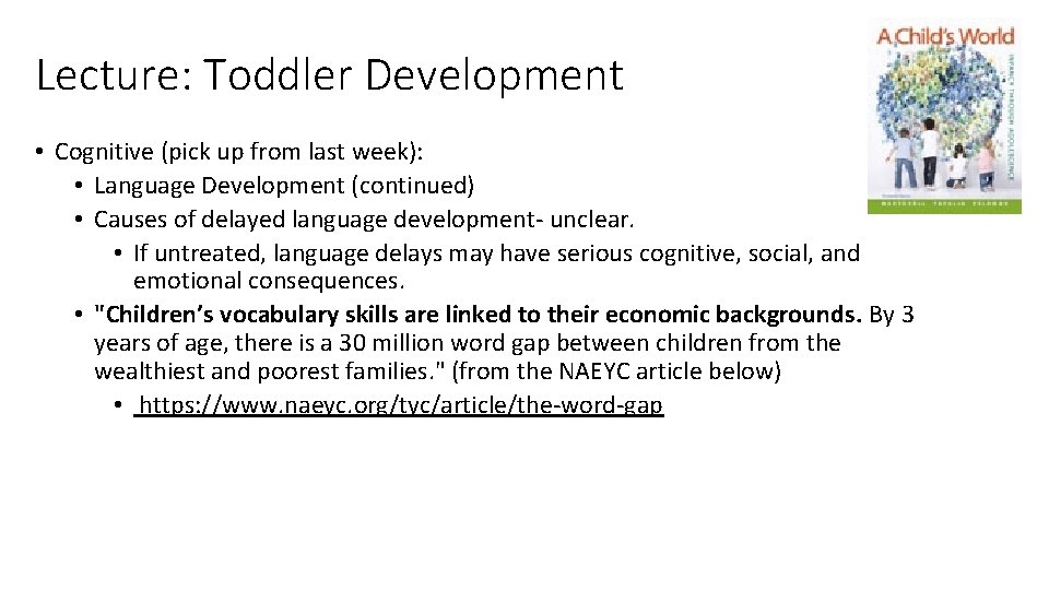Lecture: Toddler Development • Cognitive (pick up from last week): • Language Development (continued)