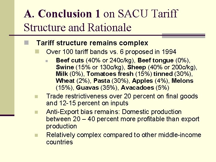 A. Conclusion 1 on SACU Tariff Structure and Rationale n Tariff structure remains complex