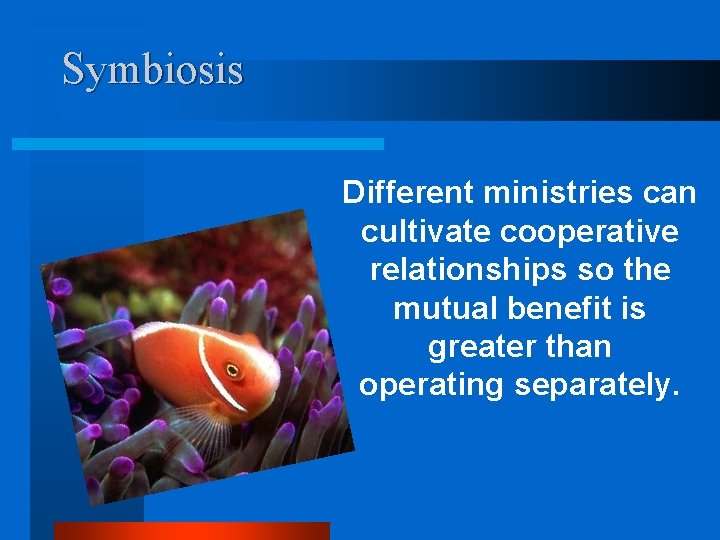Symbiosis Different ministries can cultivate cooperative relationships so the mutual benefit is greater than