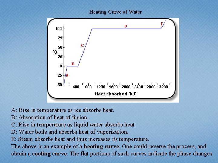 Heating Curve of Water A: Rise in temperature as ice absorbs heat. B: Absorption