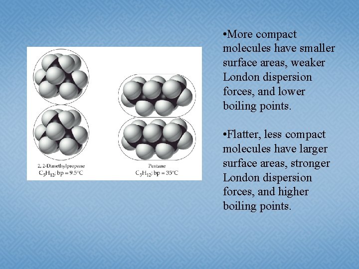  • More compact molecules have smaller surface areas, weaker London dispersion forces, and