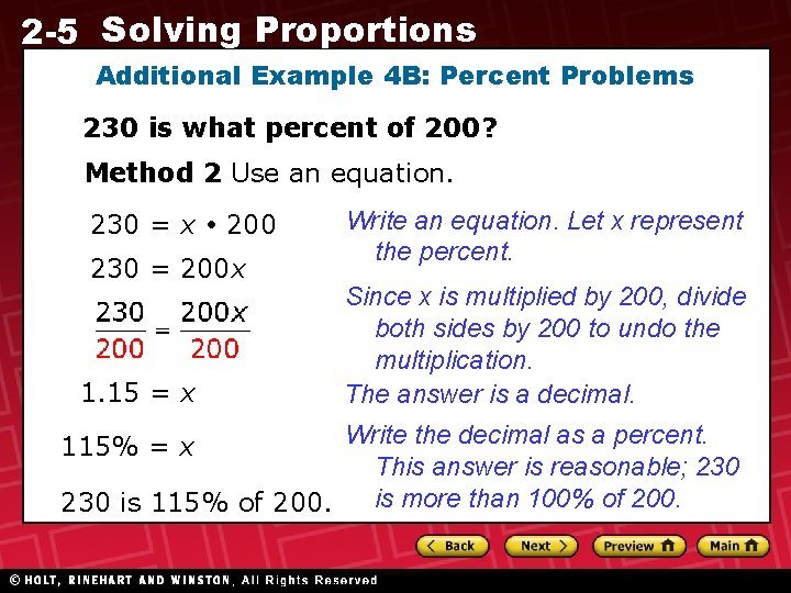 2 -5 Solving Proportions Additional Example 4 B: Percent Problems 230 is what percent