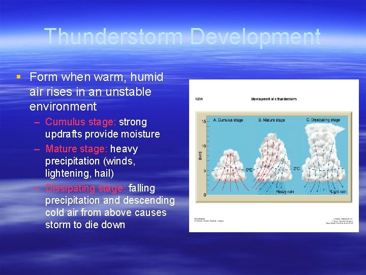 Thunderstorm Development § Form when warm, humid air rises in an unstable environment –