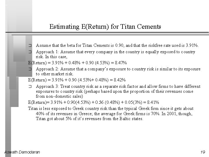 Estimating E(Return) for Titan Cements Assume that the beta for Titan Cements is 0.