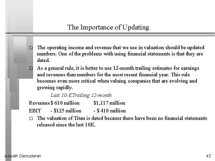 The Importance of Updating The operating income and revenue that we use in valuation