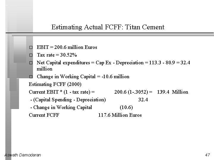 Estimating Actual FCFF: Titan Cement EBIT = 200. 6 million Euros � Tax rate