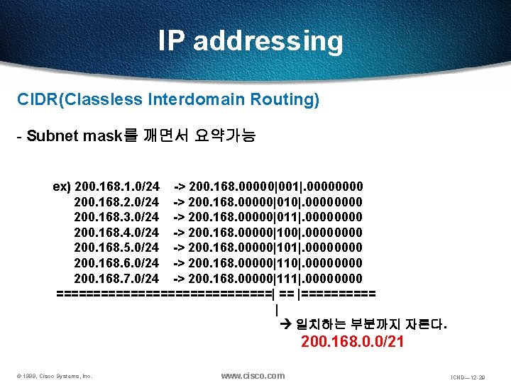 IP addressing CIDR(Classless Interdomain Routing) - Subnet mask를 깨면서 요약가능 ex) 200. 168. 1.