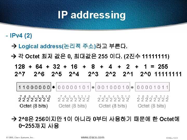 IP addressing - IPv 4 (2) Logical address(논리적 주소)라고 부른다. 각 Octet 최저 값은