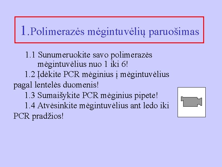 1. Polimerazės mėgintuvėlių paruošimas 1. 1 Sunumeruokite savo polimerazės mėgintuvėlius nuo 1 iki 6!