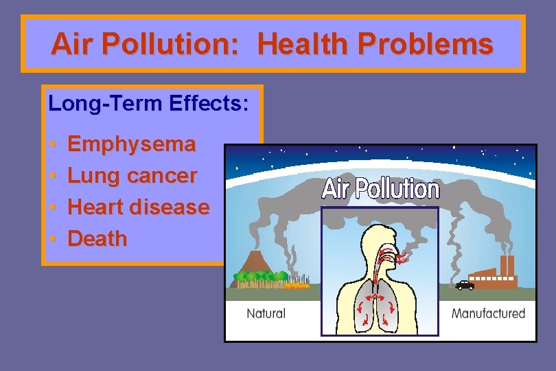 Air Pollution: Health Problems Long-Term Effects: • • Emphysema Lung cancer Heart disease Death