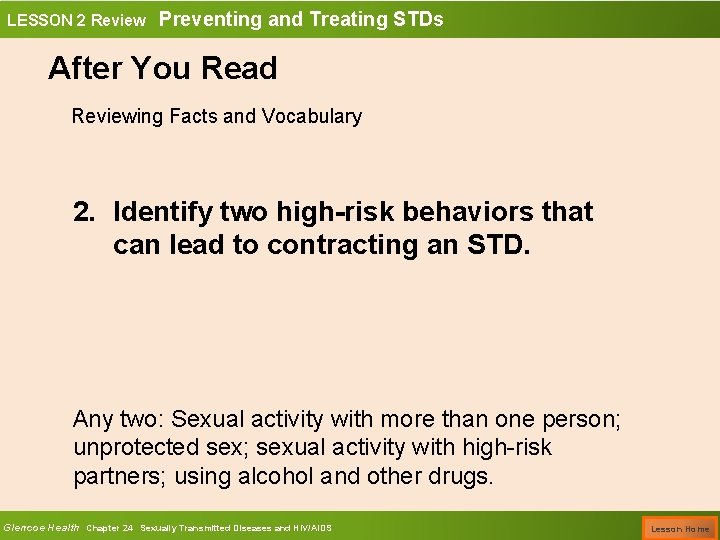 LESSON 2 Review Preventing and Treating STDs After You Read Reviewing Facts and Vocabulary