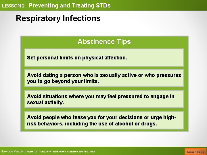 LESSON 2 Preventing and Treating STDs Respiratory Infections Abstinence Tips Set personal limits on