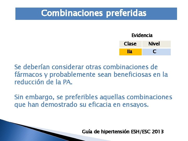 Combinaciones preferidas Evidencia Clase Nivel IIa C Se deberían considerar otras combinaciones de fármacos