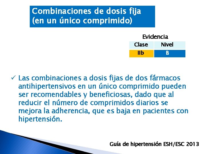 Combinaciones de dosis fija (en un único comprimido) Evidencia Clase Nivel IIb B ü