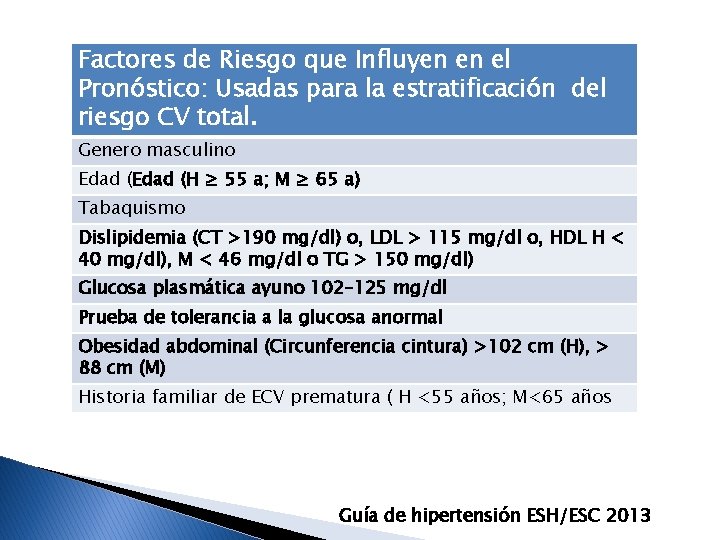 Factores de Riesgo que Influyen en el Pronóstico: Usadas para la estratificación del riesgo