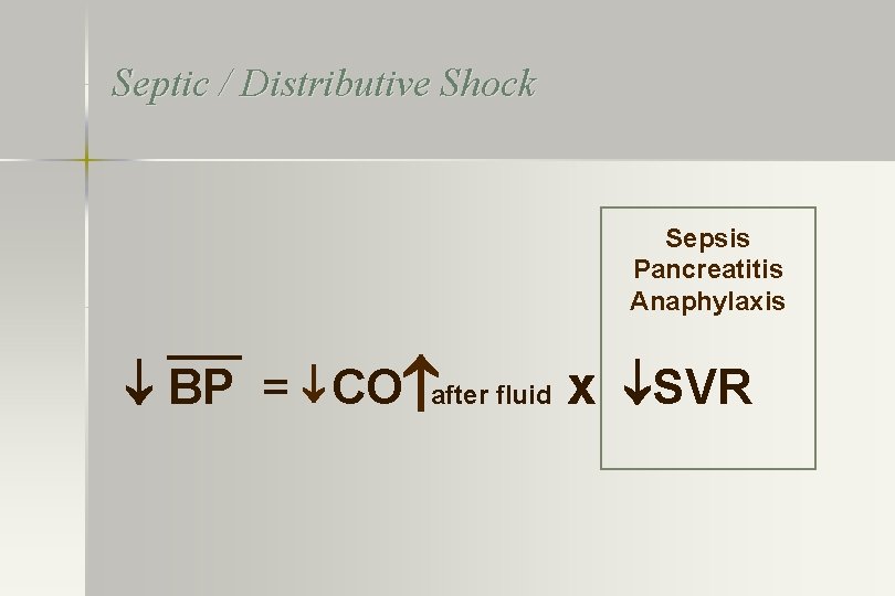 Septic / Distributive Shock Sepsis Pancreatitis Anaphylaxis BP = CO after fluid x SVR