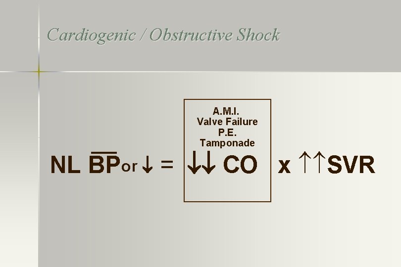 Cardiogenic / Obstructive Shock A. M. I. Valve Failure P. E. Tamponade NL BPor