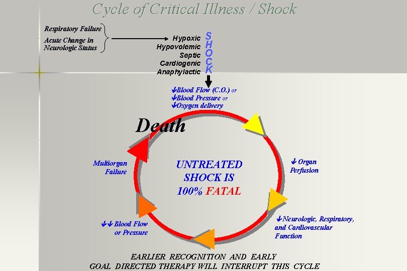 Cycle of Critical Illness / Shock Respiratory Failure Hypoxic Hypovolemic Septic Cardiogenic Anaphylactic Acute