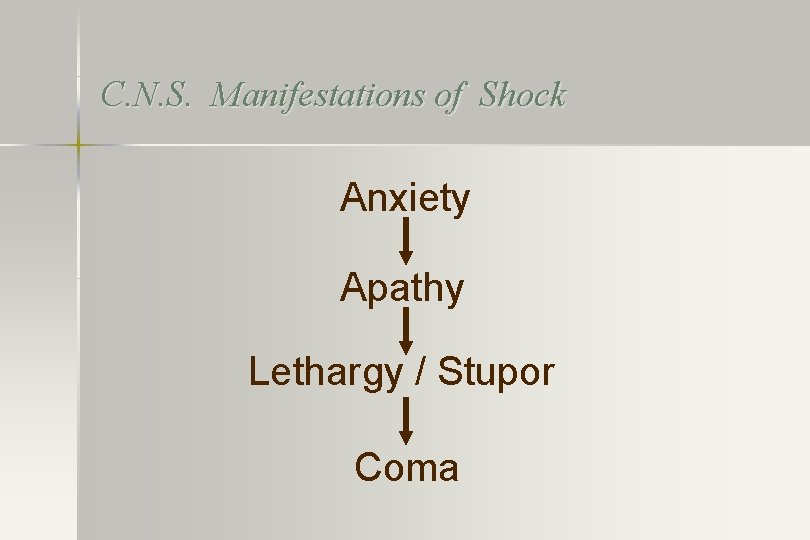 C. N. S. Manifestations of Shock Anxiety Apathy Lethargy / Stupor Coma 