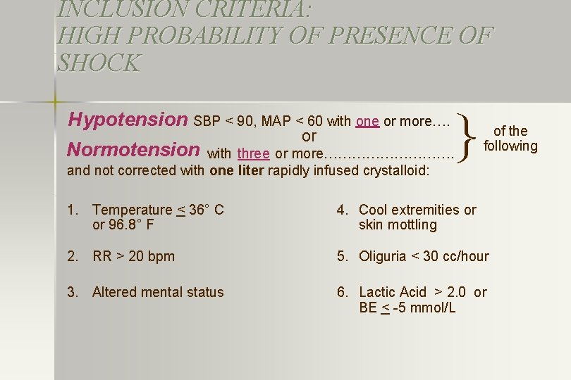 INCLUSION CRITERIA: HIGH PROBABILITY OF PRESENCE OF SHOCK Hypotension SBP < 90, MAP <