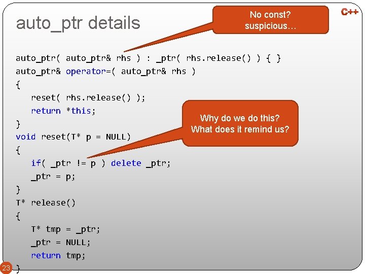 auto_ptr details 23 No const? suspicious… auto_ptr( auto_ptr& rhs ) : _ptr( rhs. release()