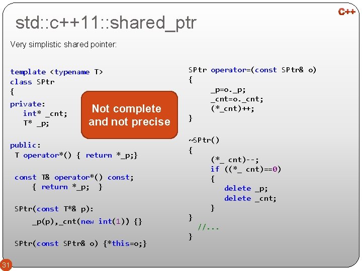 std: : c++11: : shared_ptr Very simplistic shared pointer: template <typename T> class SPtr