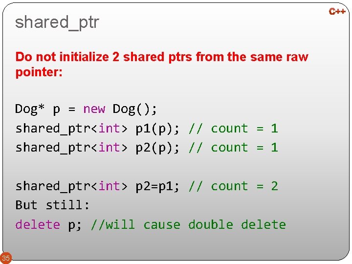 shared_ptr Do not initialize 2 shared ptrs from the same raw pointer: Dog* p