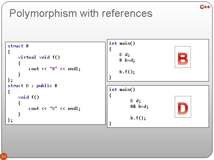 Polymorphism with references struct B { virtual void f() { cout << "B" <<