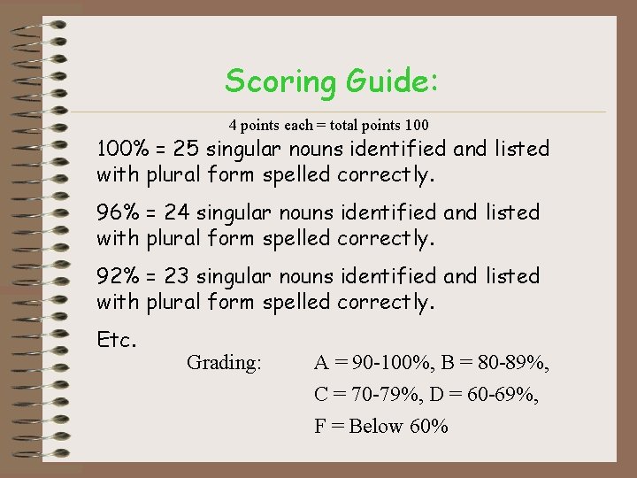 Scoring Guide: 4 points each = total points 100% = 25 singular nouns identified