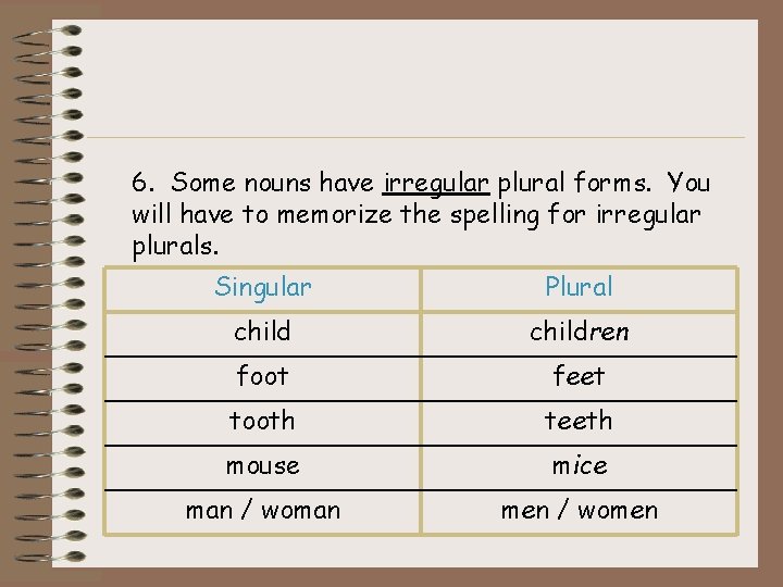 6. Some nouns have irregular plural forms. You will have to memorize the spelling