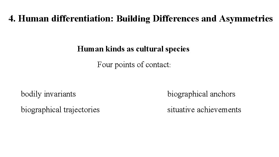 4. Human differentiation: Building Differences and Asymmetries Human kinds as cultural species Four points