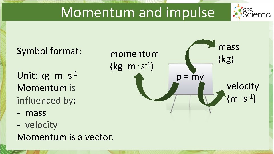 Momentum and impulse Symbol format: momentum (kg⋅m⋅s-1) Unit: kg⋅m⋅s-1 Momentum is influenced by: -