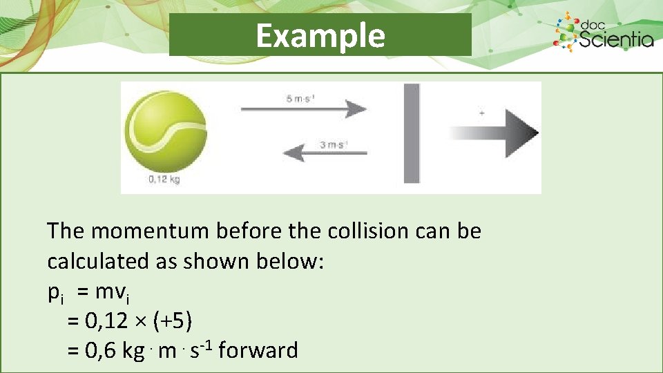 Example The momentum before the collision can be calculated as shown below: pi =