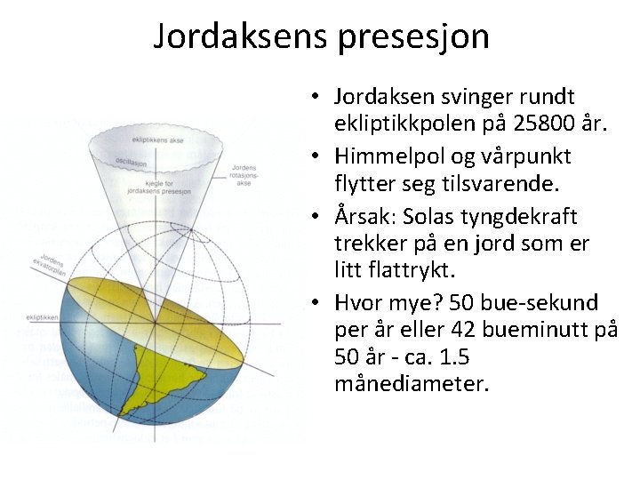 Jordaksens presesjon • Jordaksen svinger rundt ekliptikkpolen på 25800 år. • Himmelpol og vårpunkt