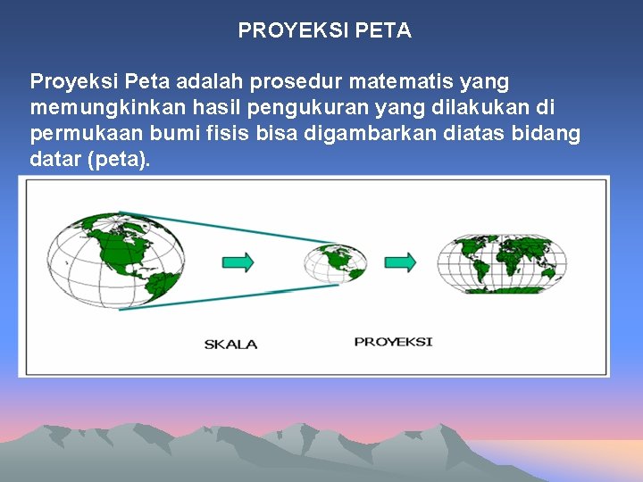 PROYEKSI PETA Proyeksi Peta adalah prosedur matematis yang memungkinkan hasil pengukuran yang dilakukan di