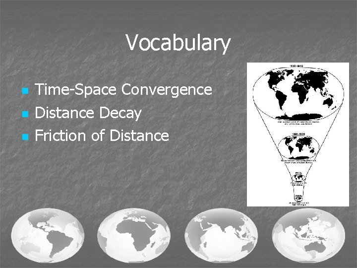 Vocabulary n n n Time-Space Convergence Distance Decay Friction of Distance 
