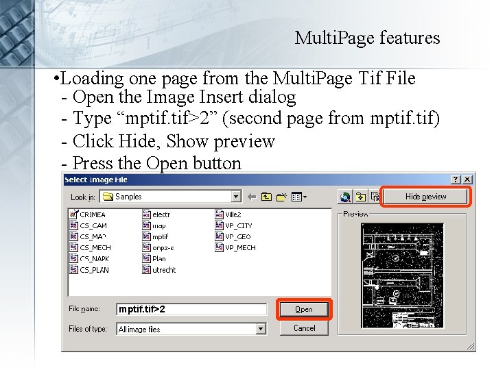 Multi. Page features • Loading one page from the Multi. Page Tif File -