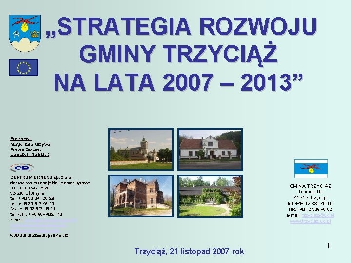 „STRATEGIA ROZWOJU GMINY TRZYCIĄŻ NA LATA 2007 – 2013” Prelegent: Małgorzata Grzywa Prezes Zarządu