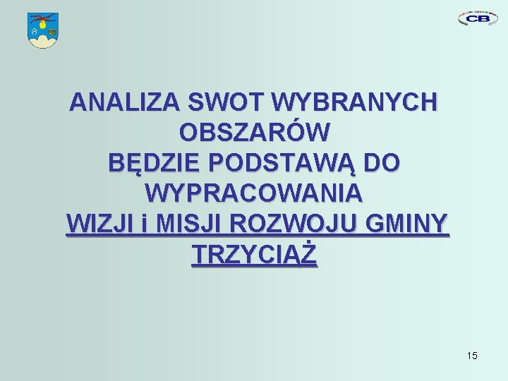 ANALIZA SWOT WYBRANYCH OBSZARÓW BĘDZIE PODSTAWĄ DO WYPRACOWANIA WIZJI i MISJI ROZWOJU GMINY TRZYCIĄŻ