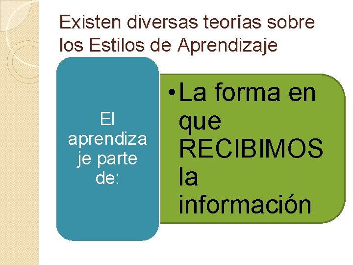 Existen diversas teorías sobre los Estilos de Aprendizaje El aprendiza je parte de: •